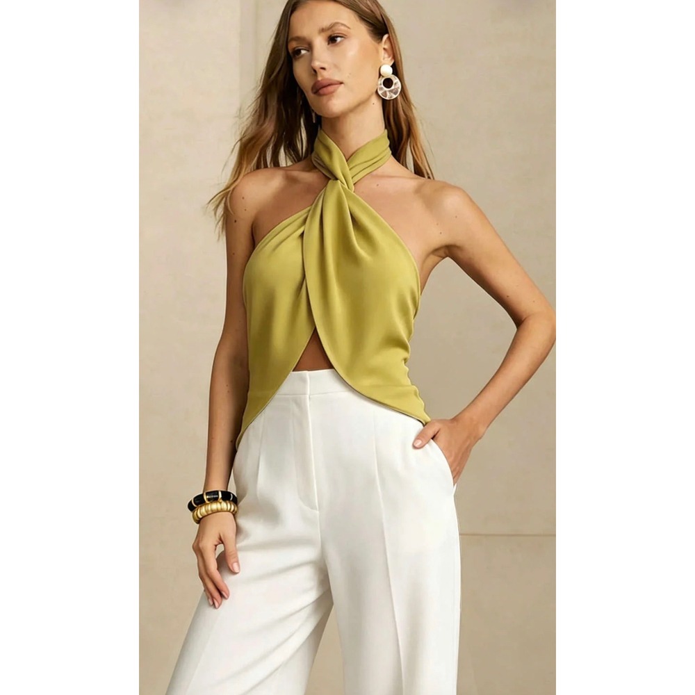 Micas Twist Knot Halter Neck Ruched Tank Top XS Chartreuse Green Crossover
